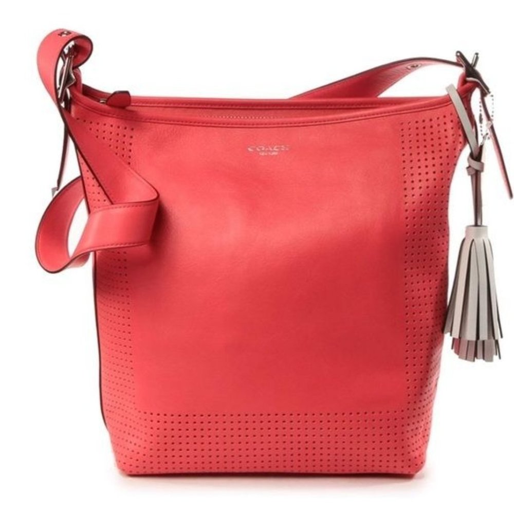 Coach Legacy Perforated Duffle Purse Coral Leather Tassel Detail Large Handbag - Picture 1 of 13